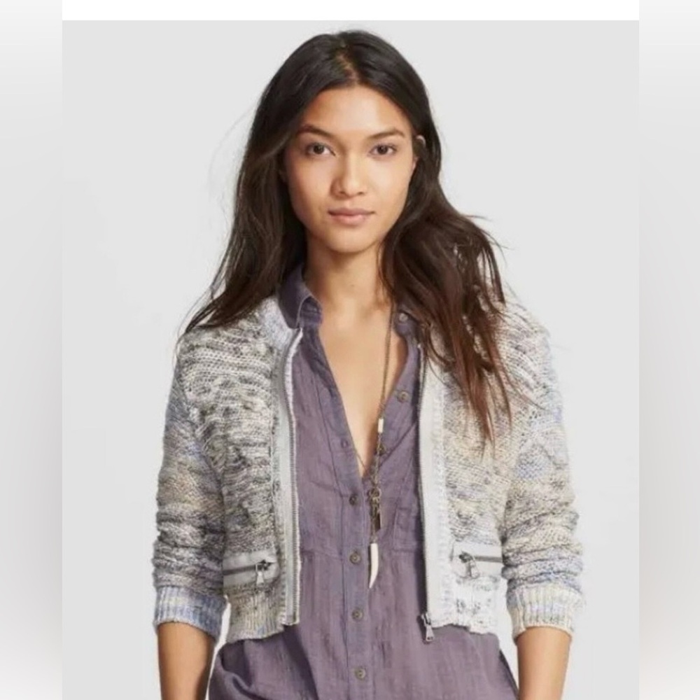 Free People Hearts Beep Zip Sweater Cardigan Women’s Raindrop Size XS